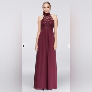Size 3 David’s Bridal Burgundy Chiffon High-Neck Gown with Ladder Back Detail